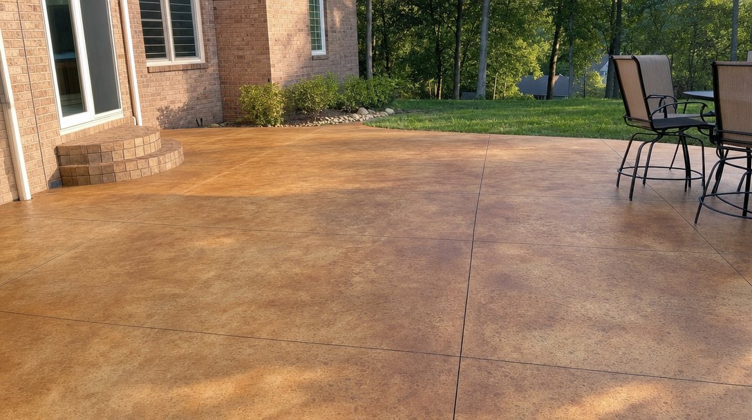 Illustration of an acid-stained concrete patio in tan and terracotta tones with a saw-cut grid