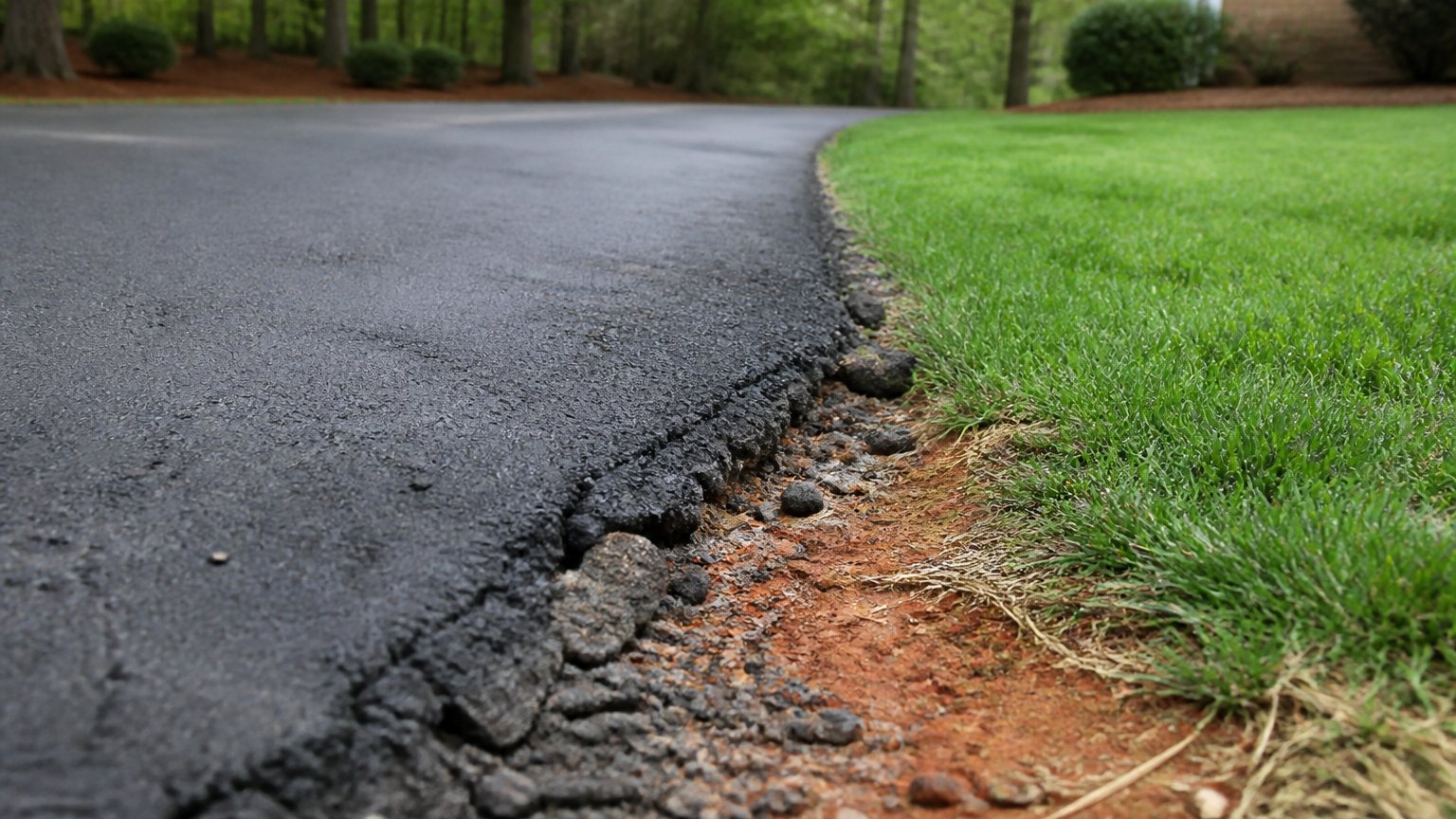 Weathered asphalt driveway edge crumbling into red clay beside a green lawn