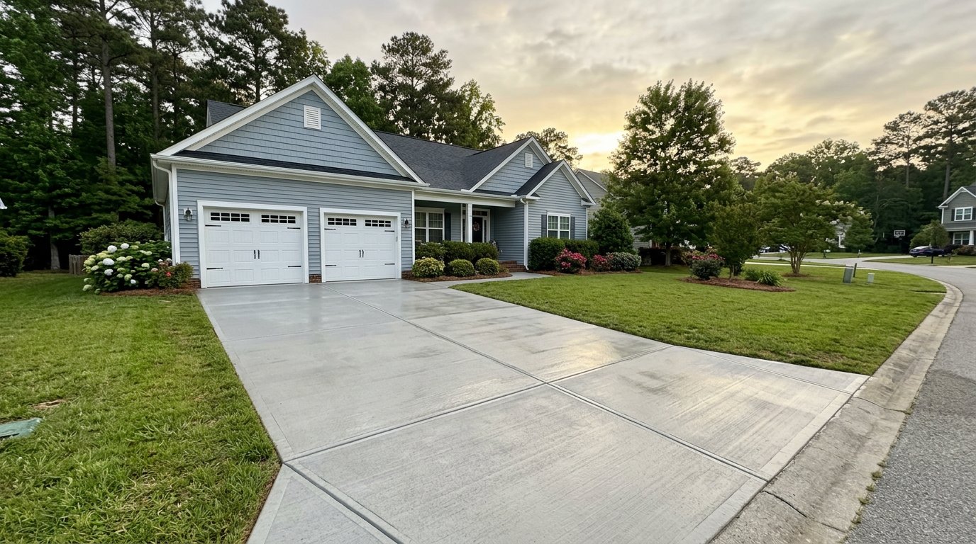 Newly replaced broom-finish concrete driveway, cured and clean