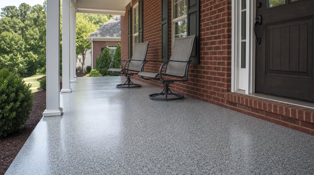 Illustration of a flake-coated concrete porch floor with a speckled finish