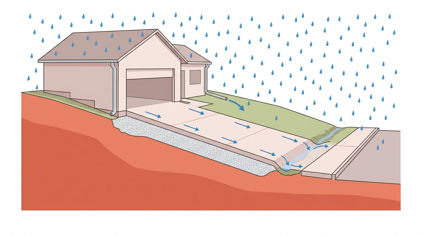Cross-section of a sloped driveway shedding rain away from a garage into a swale