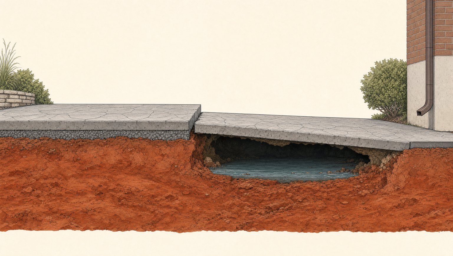Cutaway showing a stamped slab sagging into a water-filled washout beneath its base